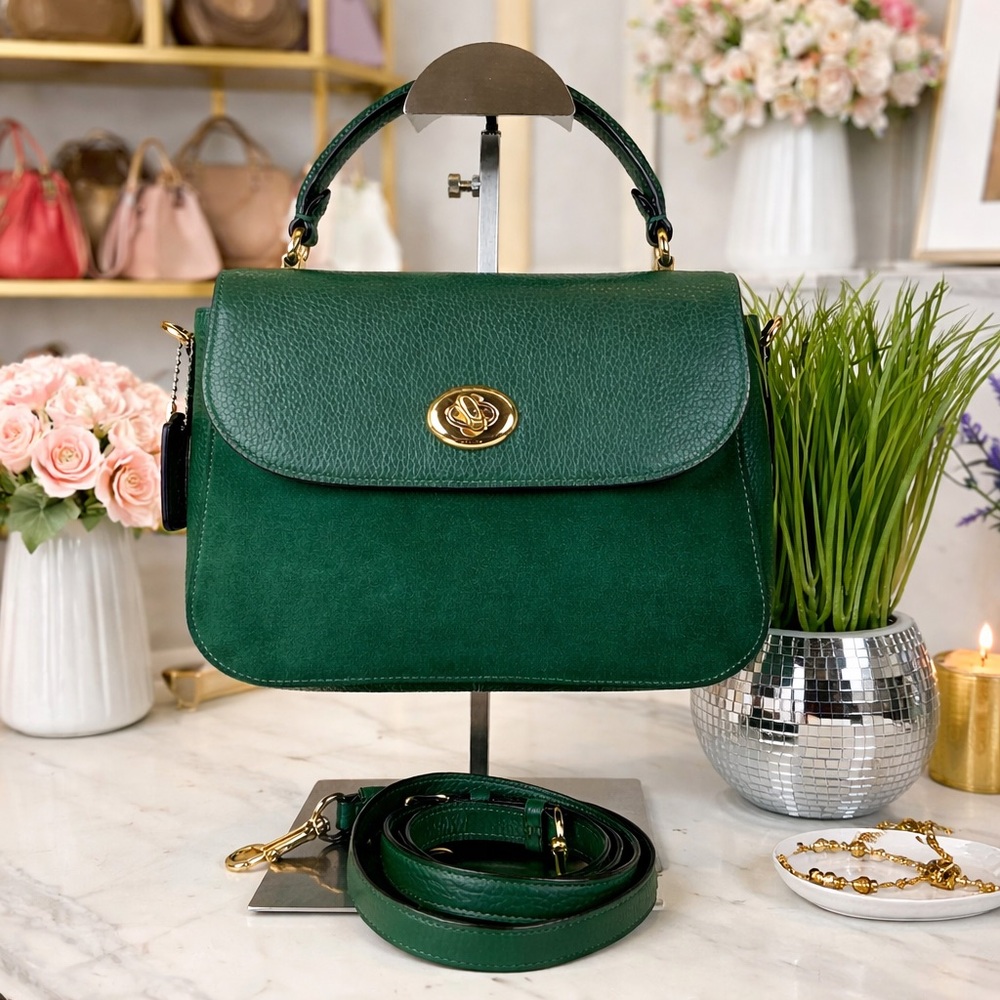 Coach Marlie Suede Emerald‎ Hunter Green Satchel Hand Shoulder Crossbody Bag - Picture 2 of 15